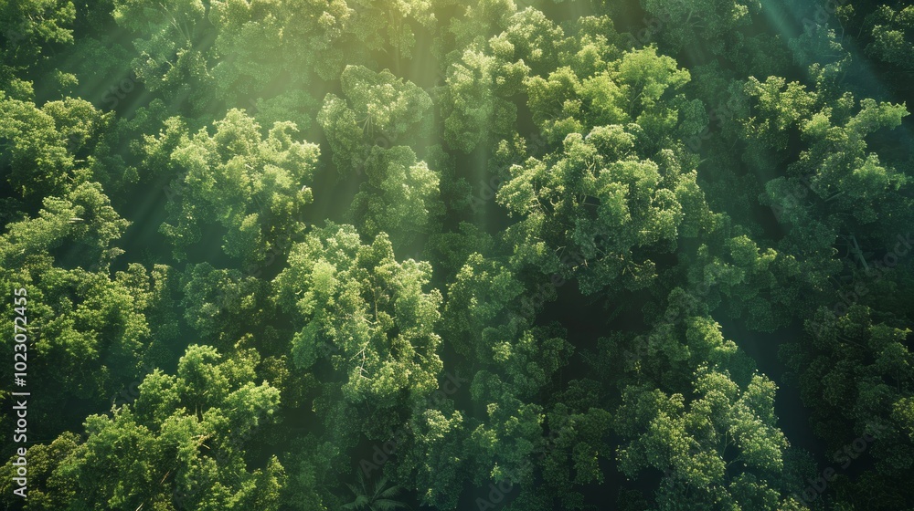 A lush green forest with sunlight shining through the trees A lush green forest with sunlight shining through the trees