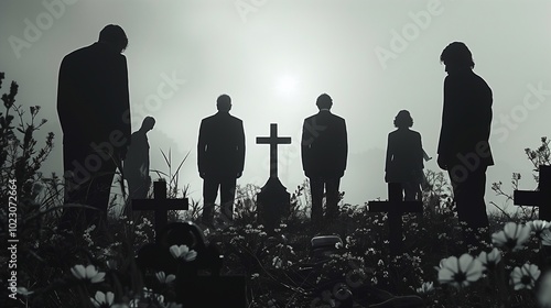 Mourners stand in silence around gravestones, paying their respects on a misty day, enveloped by natures calm beauty