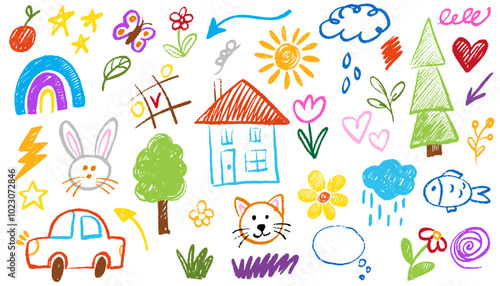 Kids drawing illustration. Collection of cute children's drawings of kids, animals, nature, objects. Hand drawn doodle color pencil naive sketch children cute vector school chalk background. Vector