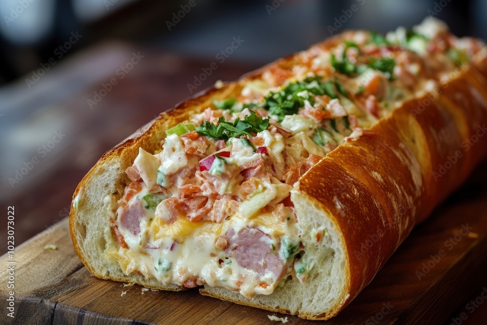 Ham and cheese salad roll from fresh baguette - generative ai Ham and cheese salad roll from fresh baguette - generative ai