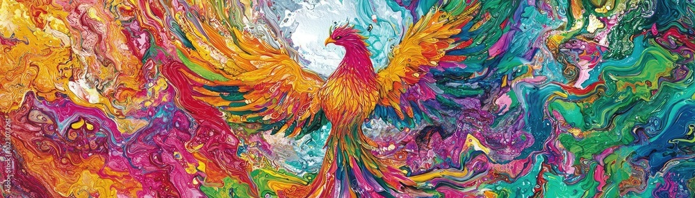 Fototapeta premium Vibrant phoenix soaring amidst a whirlwind of colors, symbolizing rebirth, transformation, and the beauty of new beginnings.