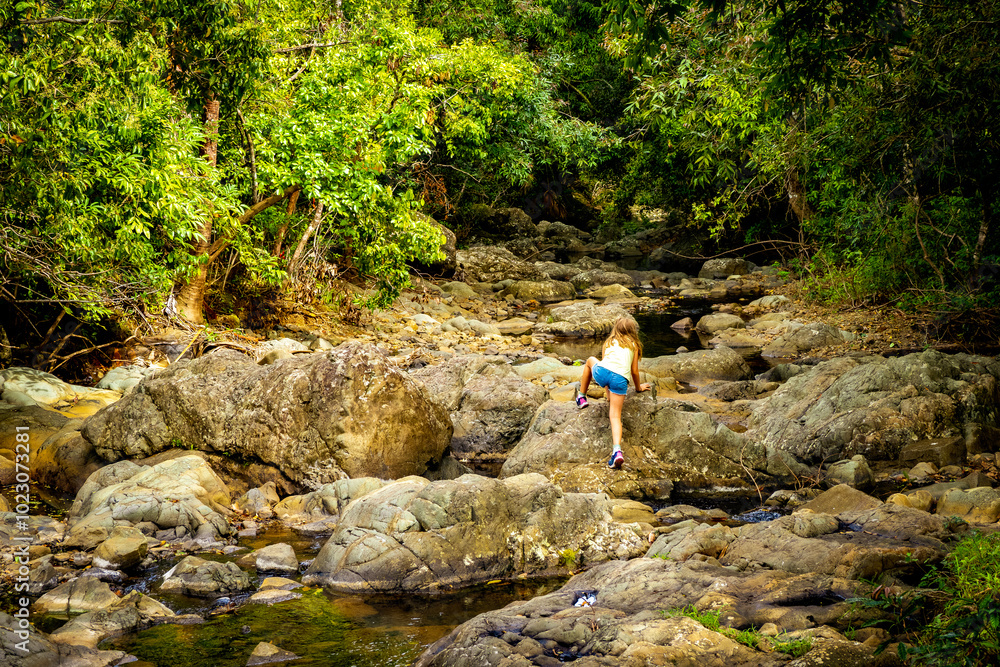 View of a young child exploring the riverbed of a small stream that flows through the forest and wildlife reserve at Vallée de Ferney, Mauritius View of a young child exploring the riverbed of a small stream that flows through the forest and wildlife reserve at Vallée de Ferney, Mauritius