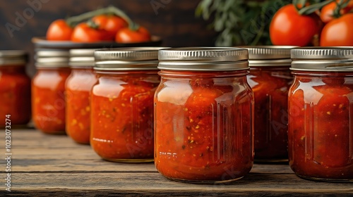 Jars of homemade tomato sauce are neatly arranged on a wooden table with fresh tomatoes in the background, showcasing a rustic kitchen setting for canning and preserving.