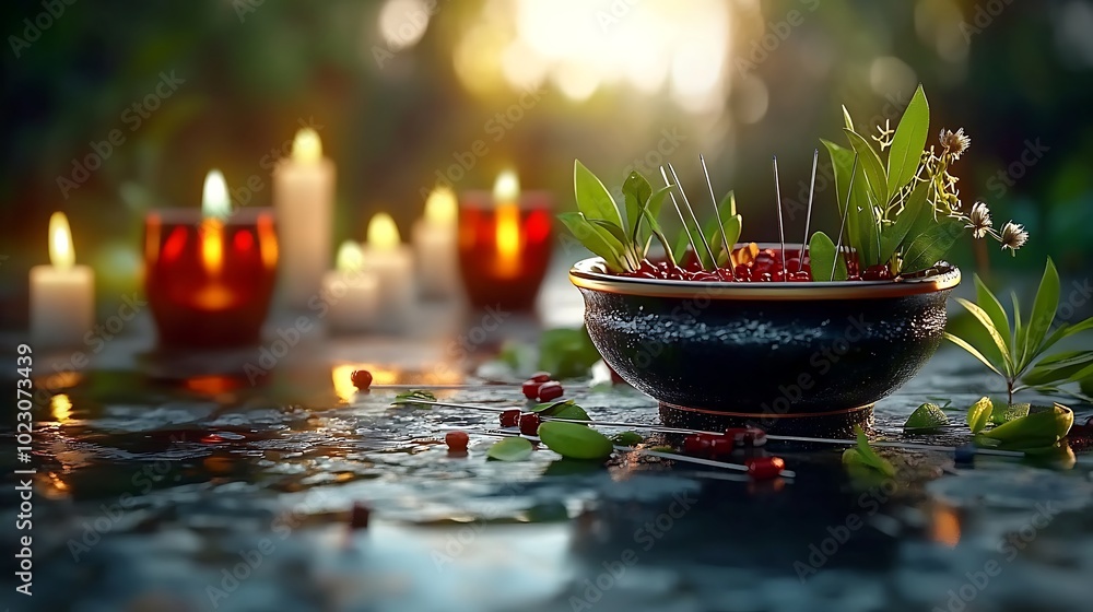 Red Berries in Bowl with Green Leaves and Candles in Background