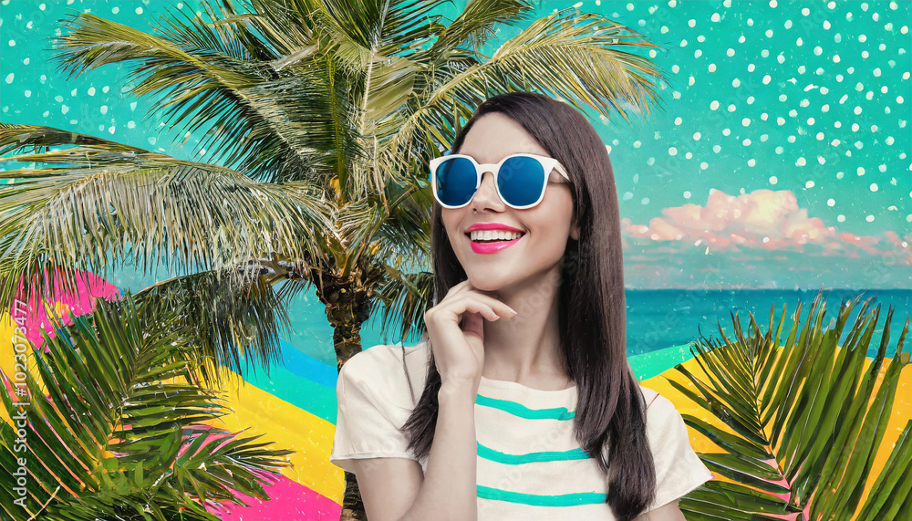 A fashionable young woman enjoys a vibrant summer day at the beach surrounded by palm trees and colorful tropical scenery A fashionable young woman enjoys a vibrant summer day at the beach surrounded by palm trees and colorful tropical scenery