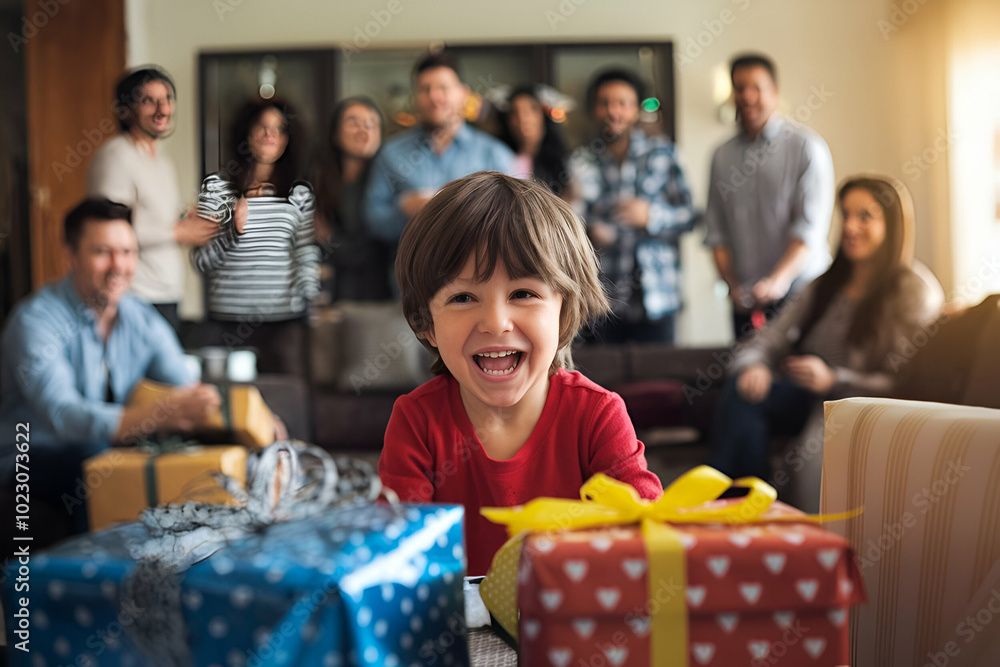 A young boy is smiling and surrounded by family members. There are several presents on the table, including a blue and red box. Scene is happy and festive A young boy is smiling and surrounded by family members. There are several presents on the table, including a blue and red box. Scene is happy and festive