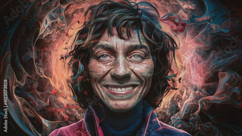 A surreal self-portrait with a swirling kaleidoscope of colors and shapes. The face emerges at the center, eyes filled with wisdom, and a smile symbolizing hope amid the chaotic background.