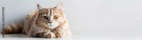 A beautiful golden cat resting peacefully on a clean, minimalistic surface, showcasing its luxurious fur and calm demeanor. photo