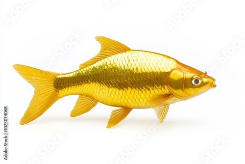 A stunning golden fish with shimmering scales, isolated on a white background. Symbol of prosperity, good luck, and abundance.