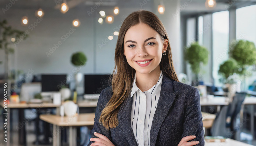 Young professional woman smiling confidently in a modern office space during daylight while wearing a business suit Young professional woman smiling confidently in a modern office space during daylight while wearing a business suit