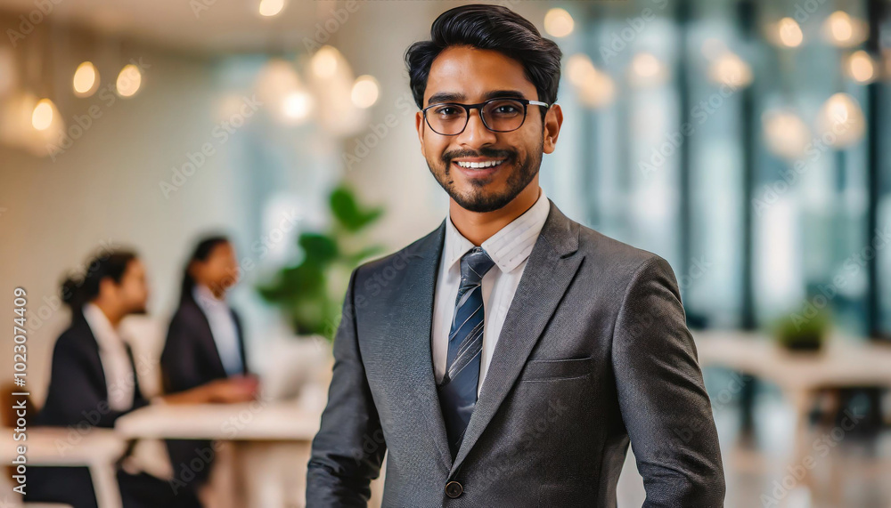 Professional man in suit smiles confidently in a bright, modern office during a business meeting with colleagues in the background Professional man in suit smiles confidently in a bright, modern office during a business meeting with colleagues in the background