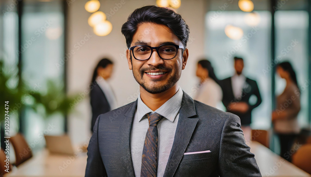 Professional man in a suit smiling confidently in a modern office during a business meeting with colleagues in the background Professional man in a suit smiling confidently in a modern office during a business meeting with colleagues in the background