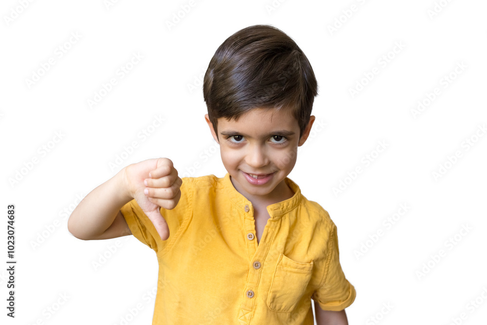 Cute little boy show thumb down gesture, close up. Say no, whims, emotions and facial expression. Dislike gesture Cute little boy show thumb down gesture, close up. Say no, whims, emotions and facial expression. Dislike gesture