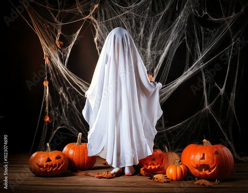 Enfant en costume de fantôme pour Halloween, décoration citrouilles et toiles d'araignée