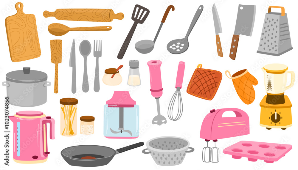 Kitchenware set. Kitchen utensils, supplies, tools, equipment, cutlery. Cook appliances and accessories collection. Flat vector illustrations of cookware objects. Kitchenware set. Kitchen utensils, supplies, tools, equipment, cutlery. Cook appliances and accessories collection. Flat vector illustrations of cookware objects.
