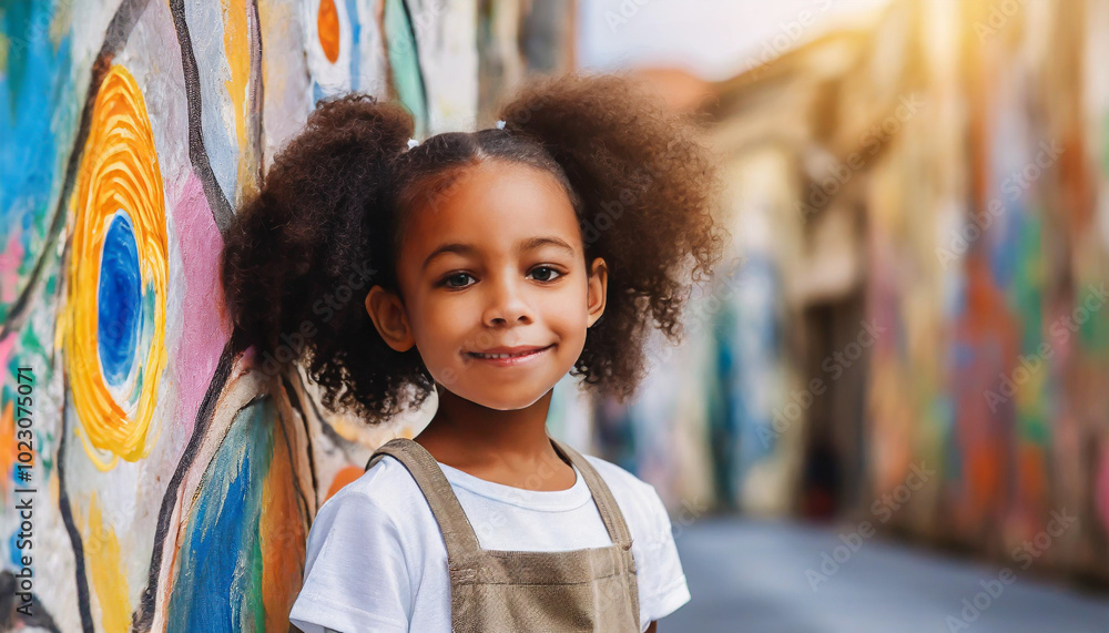 A young girl with curly hair stands confidently against a vibrant mural in a colorful alley during a sunny afternoon A young girl with curly hair stands confidently against a vibrant mural in a colorful alley during a sunny afternoon
