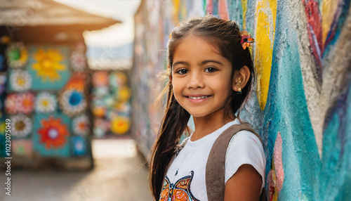 A young girl smiles brightly beside vibrant murals in a colorful urban setting during golden hour light