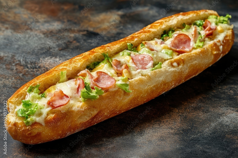 Ham and cheese salad roll from fresh baguette - generative ai Ham and cheese salad roll from fresh baguette - generative ai