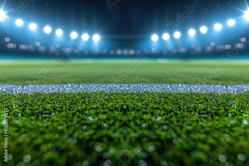 A captivating view of a well-lit soccer field at night, showcasing vibrant grass and dramatic stadium lights for sports photography.