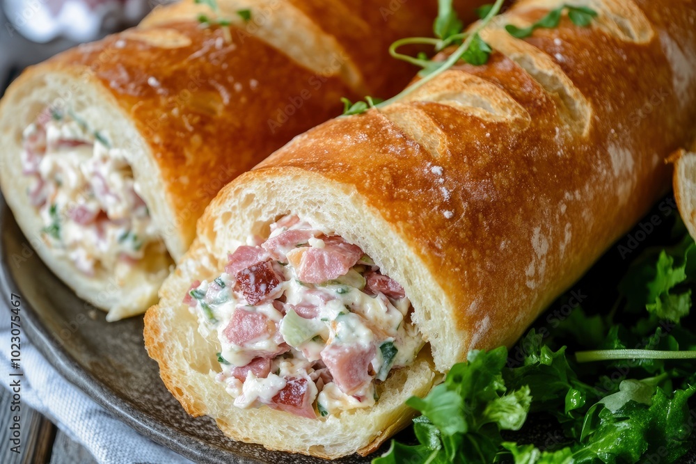 Ham and cheese salad roll from fresh baguette - generative ai Ham and cheese salad roll from fresh baguette - generative ai
