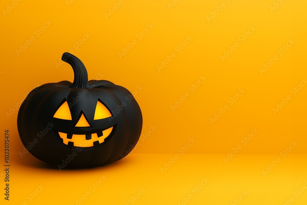 Black pumpkin with a smiling face on an orange background. Halloween concept, with copy space. Black pumpkin with a smiling face on an orange background. Halloween concept, with copy space.