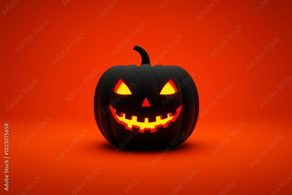 3D rendering of a black Halloween pumpkin with a glowing face on an orange background. 3D rendering of a black Halloween pumpkin with a glowing face on an orange background.