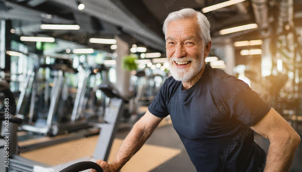 Elderly man exercising in a modern fitness center, smiling joyfully while using gym equipment during afternoon hours Elderly man exercising in a modern fitness center, smiling joyfully while using gym equipment during afternoon hours