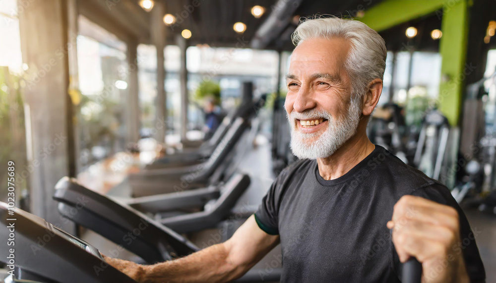 Smiling older man enjoying a workout on a treadmill in a bright, modern gym during the afternoon Smiling older man enjoying a workout on a treadmill in a bright, modern gym during the afternoon