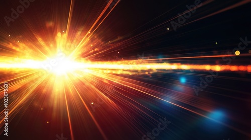 Bright and vibrant lens flare with glowing light rays radiating outward, creating dynamic and energetic atmosphere. This stunning visual effect captures essence of light and motion