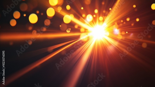 Bright and vibrant lens flare with glowing light rays and bokeh effects creates stunning visual impact, perfect for backgrounds or artistic projects