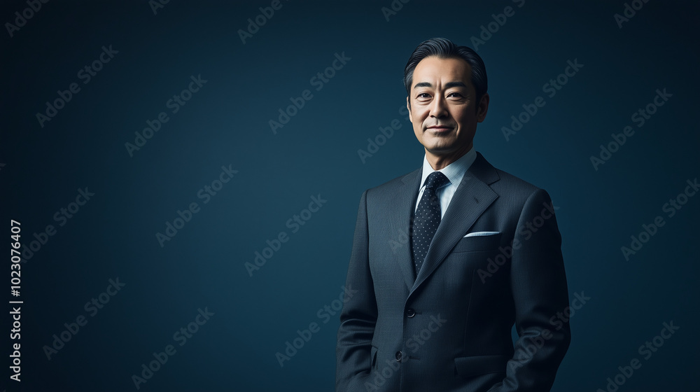 Japanese Man in Grey Suit with Blue Background Japanese Man in Grey Suit with Blue Background