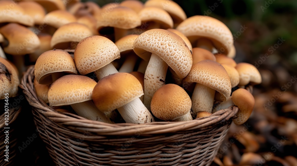 Close-up of a wicker basket filled with wild mushrooms featuring brown caps and textured surfaces in an outdoor setting.