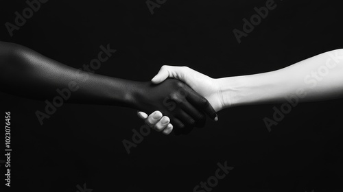 Black and white hands shaking, symbolizing unity, diversity, equality, acceptance, and collaboration.