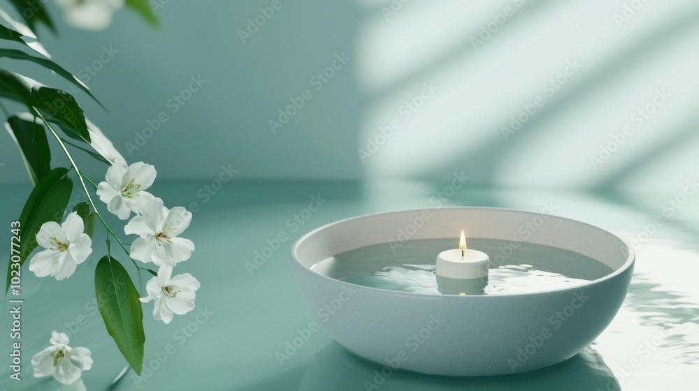 serene herbal bath scene featuring floating candle in bowl of water, surrounded by delicate white flowers. calming ambiance invites relaxation and tranquility serene herbal bath scene featuring floating candle in bowl of water, surrounded by delicate white flowers. calming ambiance invites relaxation and tranquility
