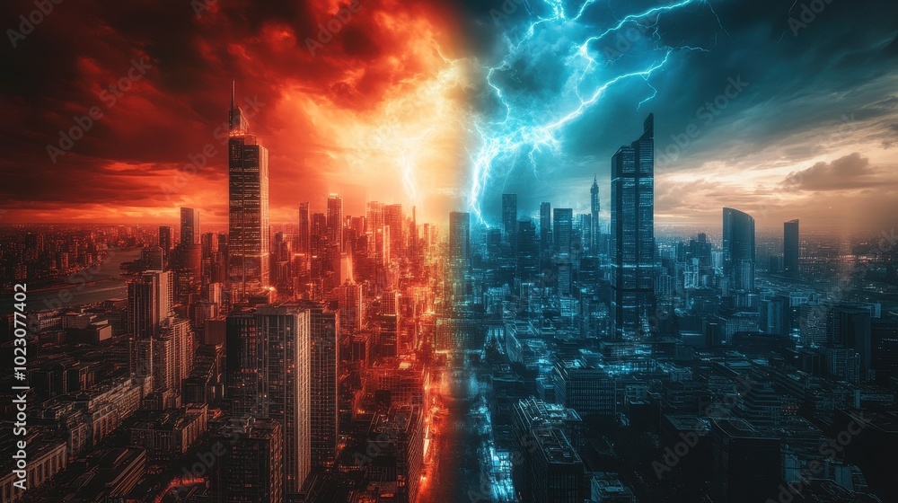 Futuristic Cityscape with Glowing Buildings and Contrast Futuristic Cityscape with Glowing Buildings and Contrast