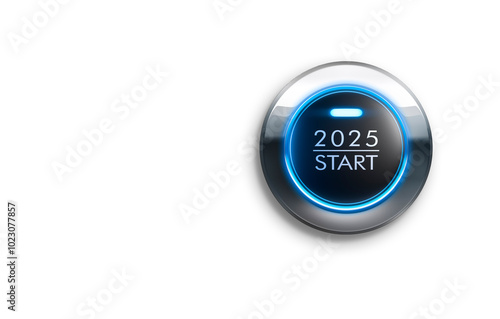 Blue illuminated start button year 2025 with white background with copy space - 3D illustration