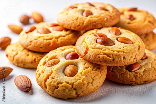 Irresistible almond cookies beautifully presented on a clean white background, ideal for food imagery that highlights the deliciousness and charm of these sweet indulgences.