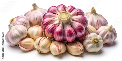 Isolated fresh garlic cloves and whole heads on a bright white background, ideal for culinary purposes, enhancing flavors in an array of recipes and dishes.