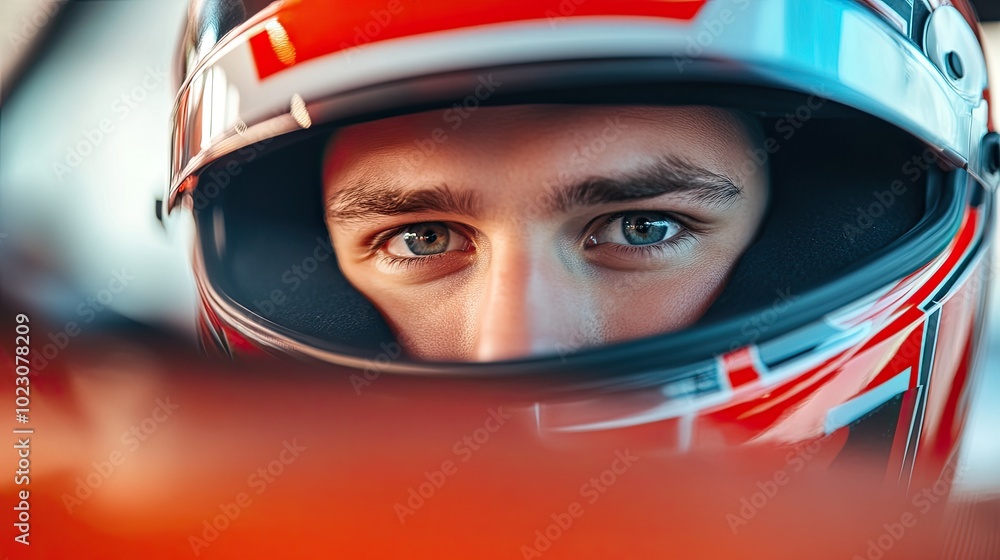 A close-up of a race car driver in a helmet, showcasing intense focus and determination before the race. A close-up of a race car driver in a helmet, showcasing intense focus and determination before the race.