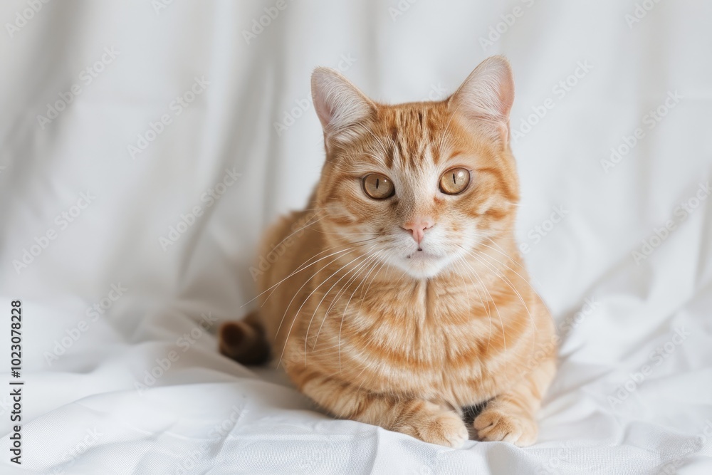 A close-up of a playful orange tabby cat resting on a soft white surface, showcasing its charming whiskers and expressive eyes. A close-up of a playful orange tabby cat resting on a soft white surface, showcasing its charming whiskers and expressive eyes.
