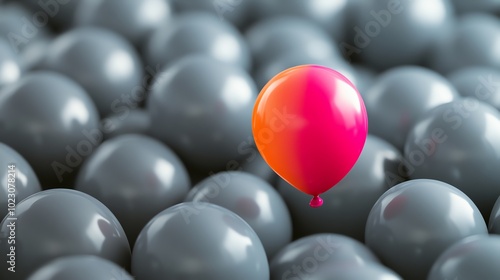 A single orange balloon stands out from a group of grey balloons, with one blue and one pink balloon also present.