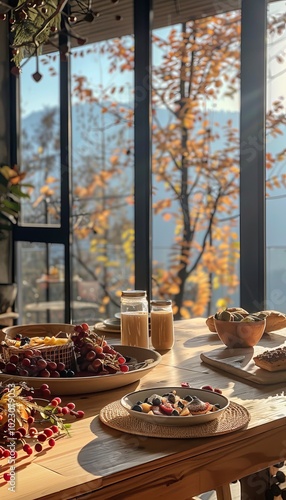 Charming breakfast table display with fresh fruits and a variety of delicious pastries