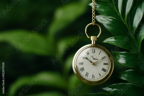 Time's Passage Through Nature: A golden pocket watch hangs amidst lush green foliage, symbolizing the continuous flow of time, the passage of life, and the connection between nature and human existenc