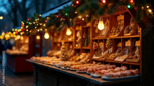 Christmas market stall with twinkling lights, selling holiday decorations and treats.