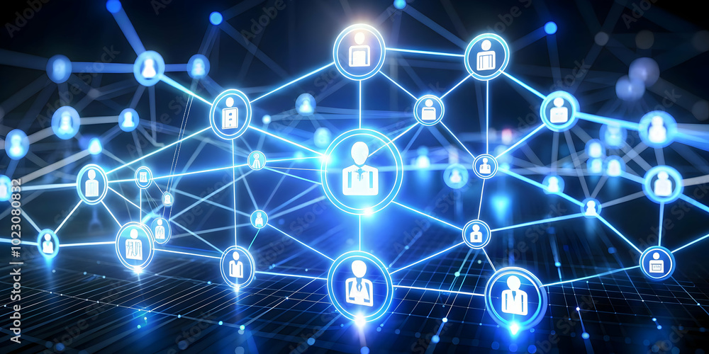 3D Glowing Abstract Network with Interconnected Nodes Symbolizing Complex Financial Decisions - Iconic Representation of Financial Officer's Role in Decision Management 3D Glowing Abstract Network with Interconnected Nodes Symbolizing Complex Financial Decisions - Iconic Representation of Financial Officer's Role in Decision Management