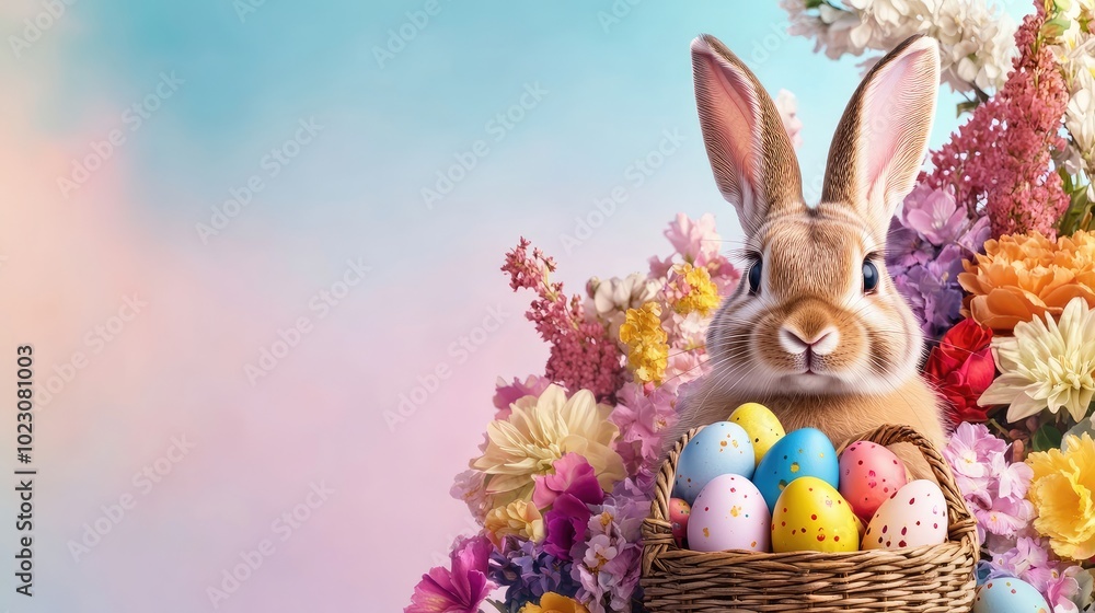 A cute rabbit surrounded by colorful eggs and flowers, perfect for Easter celebrations and springtime festivities. A cute rabbit surrounded by colorful eggs and flowers, perfect for Easter celebrations and springtime festivities.