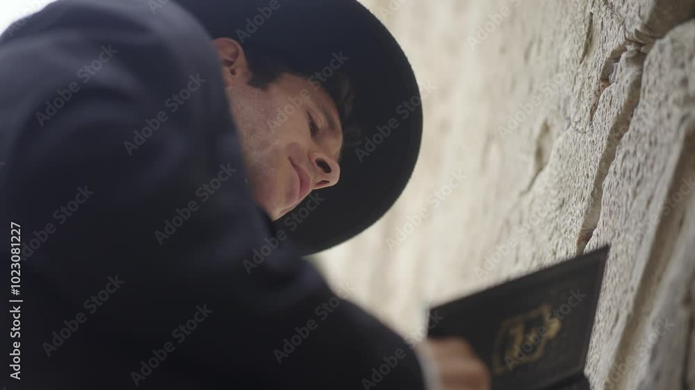 Close-up shot of an Orthodox Jewish man in traditional attire praying at the Wailing Wall (Western Wall) in Jerusalem, Israel. Captures the reverence and spiritual significance of this sacred site. Close-up shot of an Orthodox Jewish man in traditional attire praying at the Wailing Wall (Western Wall) in Jerusalem, Israel. Captures the reverence and spiritual significance of this sacred site.