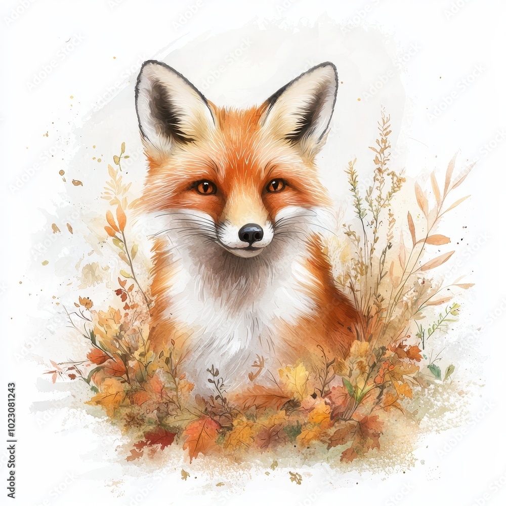 A vibrant illustration of a fox surrounded by autumn foliage, showcasing its striking orange fur and attentive expression amidst colorful leaves. A vibrant illustration of a fox surrounded by autumn foliage, showcasing its striking orange fur and attentive expression amidst colorful leaves.