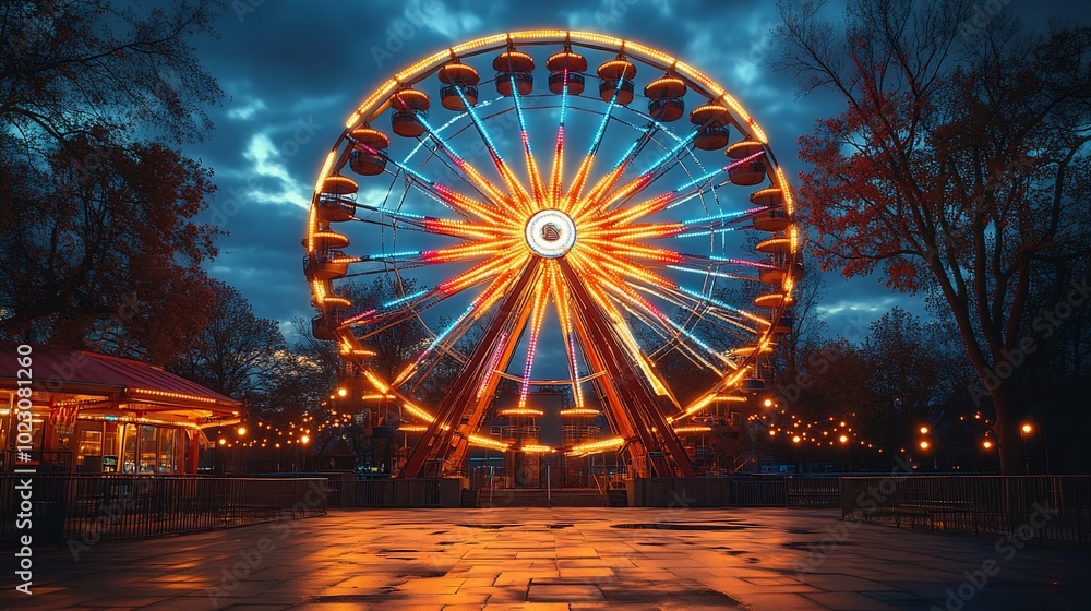 A vibrant ferris wheel illuminated at dusk, surrounded by trees and festive lights. A vibrant ferris wheel illuminated at dusk, surrounded by trees and festive lights.
