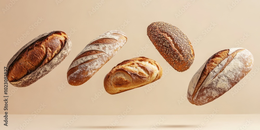 A collection of artisan breads floating against a neutral background, showcasing their textures and shapes. A collection of artisan breads floating against a neutral background, showcasing their textures and shapes.
